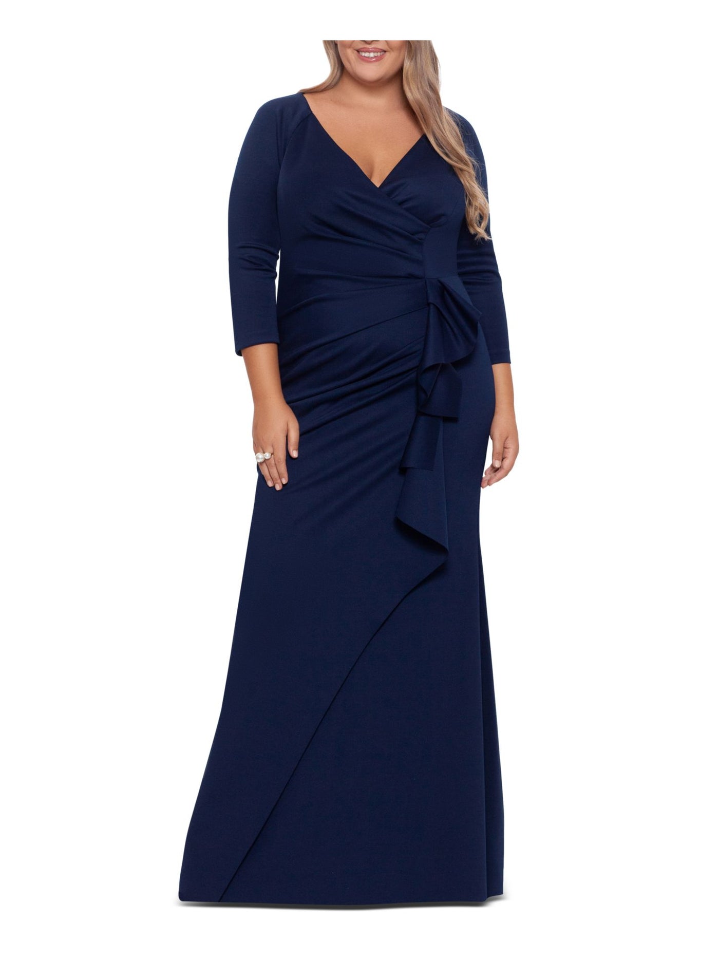 XSCAPE Womens Navy Gathered Pleated Zippered Lined 3/4 Sleeve Surplice Neckline Full-Length Evening Sheath Dress Plus 14W