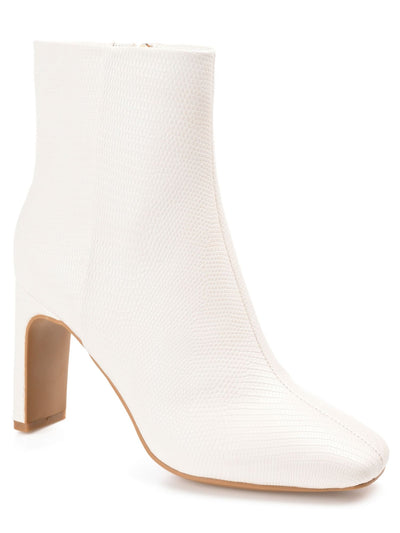 JOURNEE COLLECTION Womens White Lizard Texture Padded Goring Sarla Square Toe Block Heel Zip-Up Booties 9