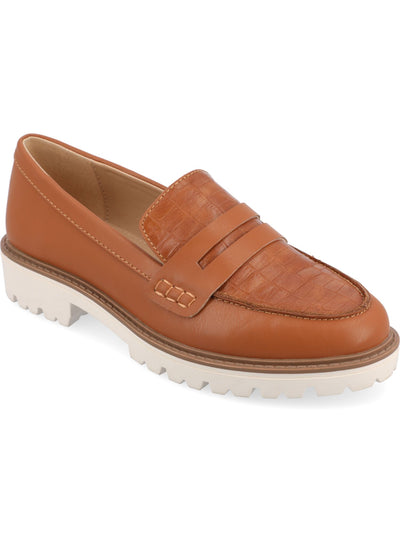 JOURNEE COLLECTION Womens Brown Croc Embossed Vamp Penny Keeper Lug Sole Cushioned Kenly Round Toe Block Heel Slip On Dress Loafers Shoes 9.5