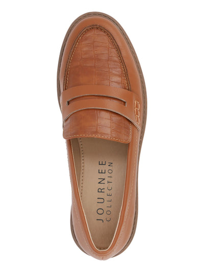 JOURNEE COLLECTION Womens Brown Croc Embossed Vamp Penny Keeper Lug Sole Cushioned Kenly Round Toe Block Heel Slip On Dress Loafers Shoes 9.5