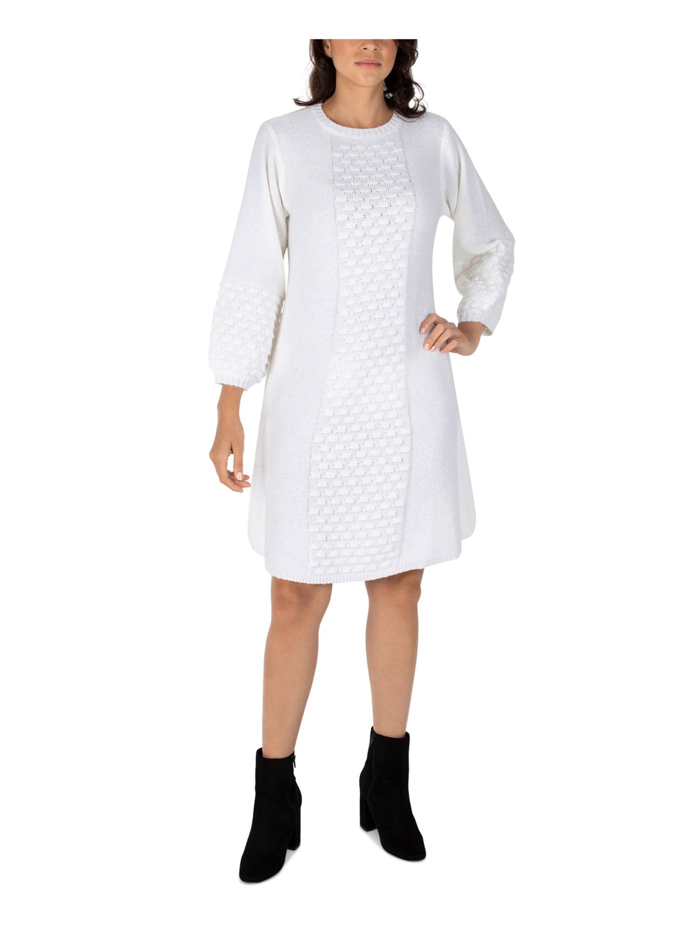 ROBBIE BEE Womens Knit Textured Ribbed Pullover Balloon Sleeve Round Neck Above The Knee Sweater Dress
