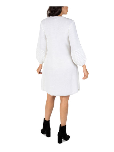 ROBBIE BEE Womens White Knit Textured Ribbed Pullover Balloon Sleeve Round Neck Above The Knee Sweater Dress Petites PS