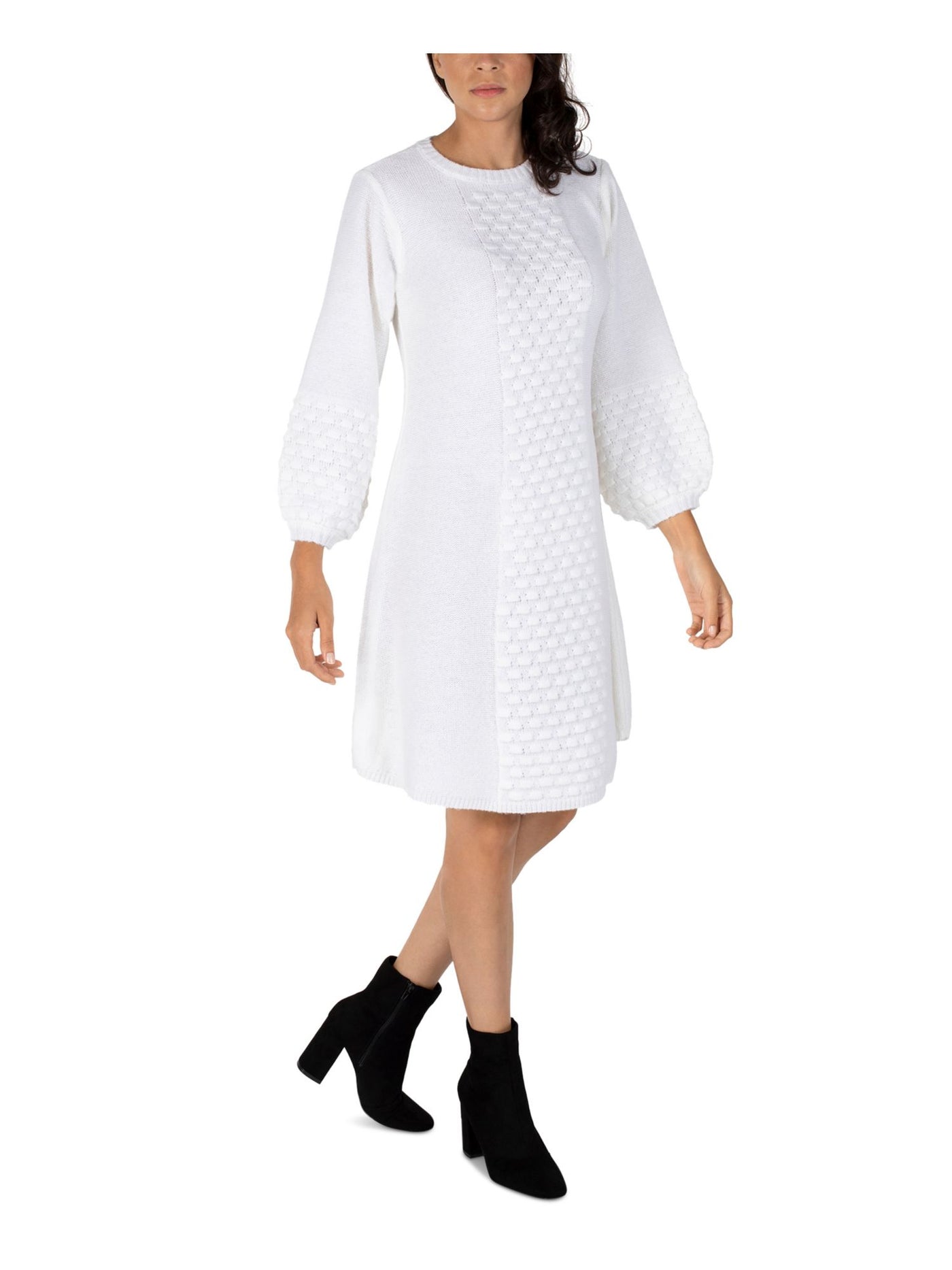 ROBBIE BEE Womens Knit Textured Ribbed Pullover Balloon Sleeve Round Neck Above The Knee Sweater Dress