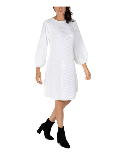 ROBBIE BEE Womens Knit Textured Ribbed Pullover Balloon Sleeve Round Neck Above The Knee Sweater Dress