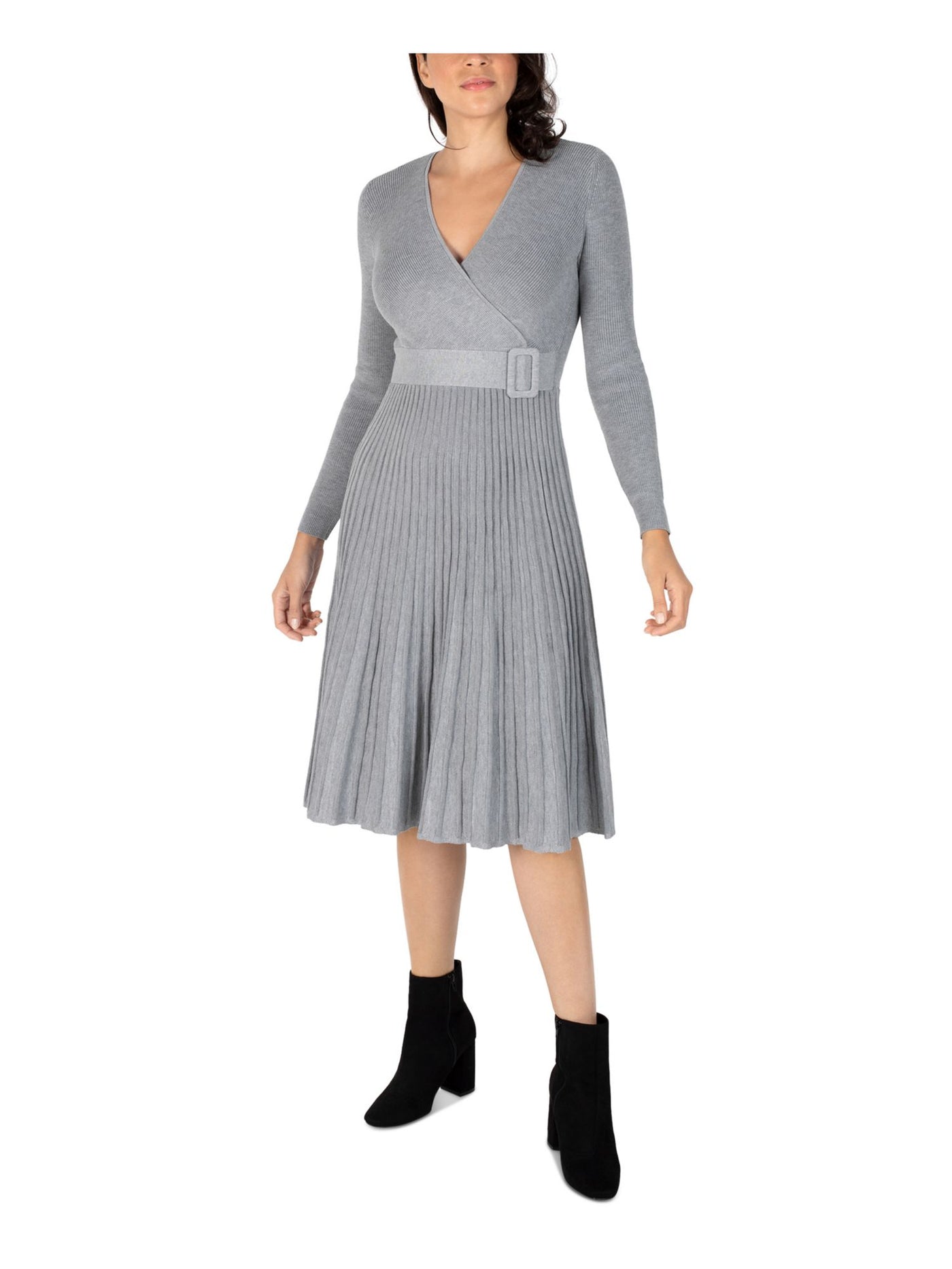 ROBBIE BEE Womens Gray Stretch Pleated Ribbed Belted Partially Lined Pullover Long Sleeve Surplice Neckline Midi Wear To Work Fit + Flare Dress Petites PM