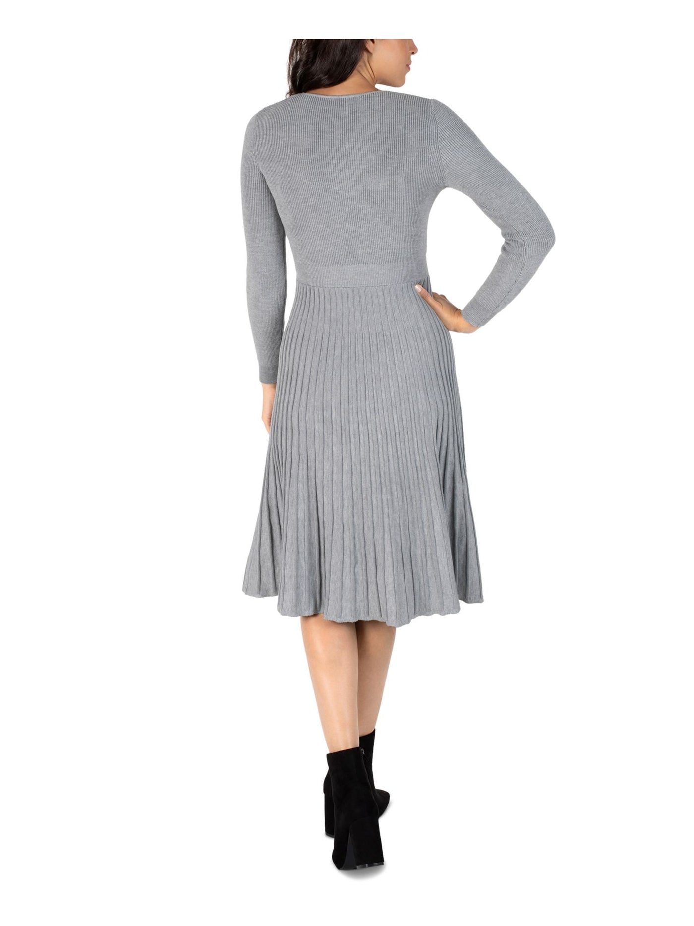 ROBBIE BEE Womens Gray Stretch Pleated Ribbed Belted Partially Lined Pullover Long Sleeve Surplice Neckline Midi Wear To Work Fit + Flare Dress Petites PM
