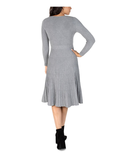 ROBBIE BEE Womens Gray Stretch Pleated Ribbed Belted Partially Lined Pullover Long Sleeve Surplice Neckline Midi Wear To Work Fit + Flare Dress Petites PM