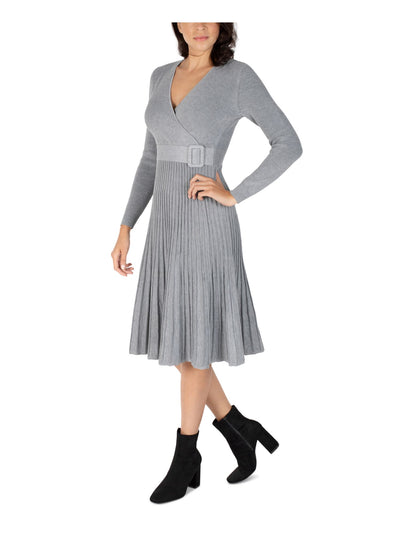 SIGNATURE BY ROBBIE BEE Womens Gray Stretch Pleated Ribbed Belted Partially Lined Pullover Long Sleeve Surplice Neckline Midi Wear To Work Fit + Flare Dress Petites PM