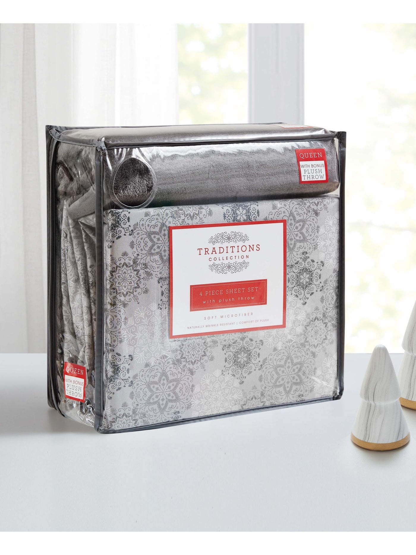 SANDERS Gray Patterned Plush Queen Sheet Set