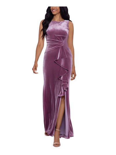 BETSY & ADAM Womens Pink Stretch Zippered Ruched Slitted Cascade Ruffle Velvet Sleeveless V Back Full-Length Formal Gown Dress Petites 2P