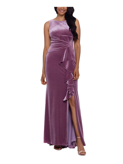 BETSY & ADAM Womens Pink Stretch Zippered Ruched Slitted Cascade Ruffle Velvet Sleeveless V Back Full-Length Formal Gown Dress Petites 2P