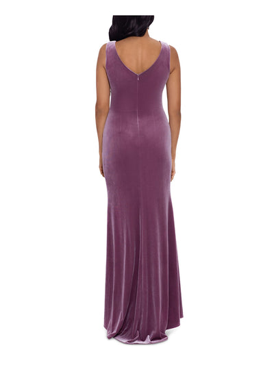 BETSY & ADAM Womens Pink Stretch Zippered Ruched Slitted Cascade Ruffle Velvet Sleeveless V Back Full-Length Formal Gown Dress Petites 2P
