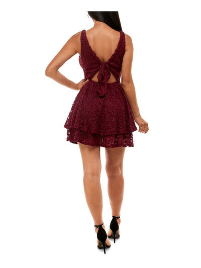 EMERALD SUNDAE Womens Maroon Glitter Embroidered Ruffled Pullover Style Sleeveless V Neck Short Party Fit + Flare Dress S