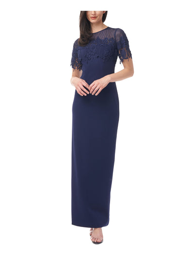 JS COLLECTIONS Womens Navy Zippered Sheer Lace Lined Back Slit Short Sleeve Round Neck Full-Length Evening Gown Dress 4