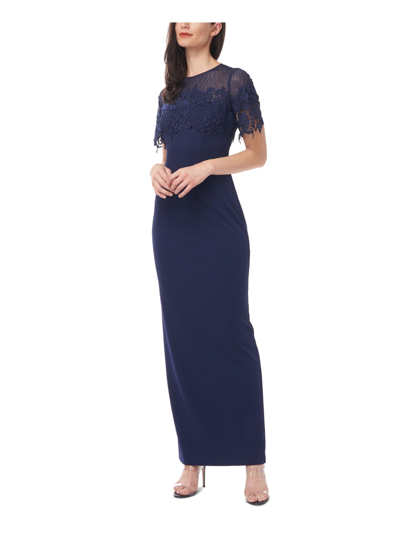 JS COLLECTIONS Womens Navy Zippered Sheer Lace Lined Back Slit Short Sleeve Round Neck Full-Length Evening Gown Dress 4