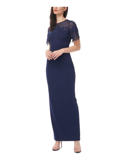 JS COLLECTION Womens Stretch Pleated Zippered Lined Short Sleeve Illusion Neckline Knee Length Party Sheath Dress