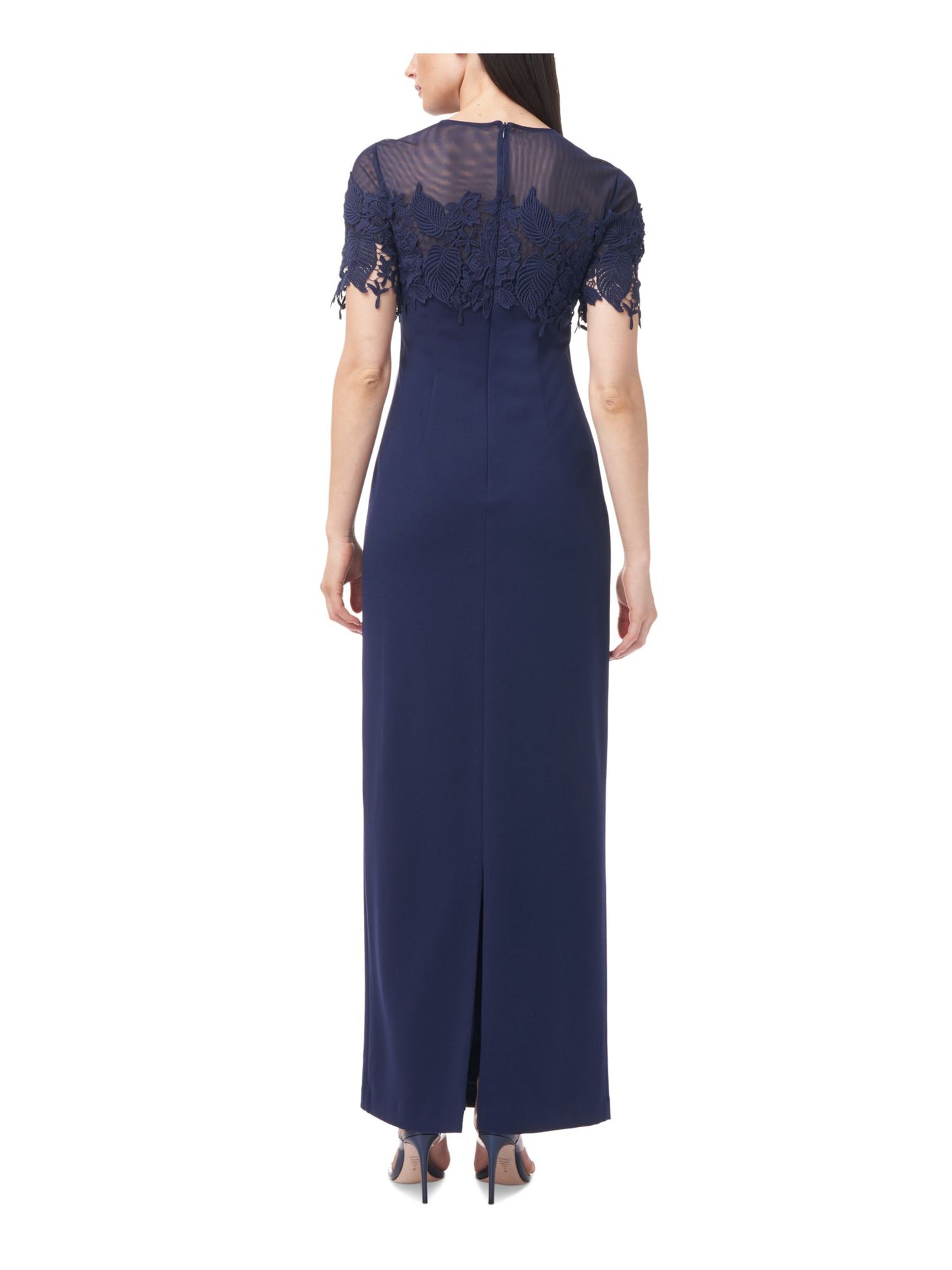 JS COLLECTIONS Womens Navy Zippered Sheer Lace Lined Back Slit Short Sleeve Round Neck Full-Length Evening Gown Dress 4