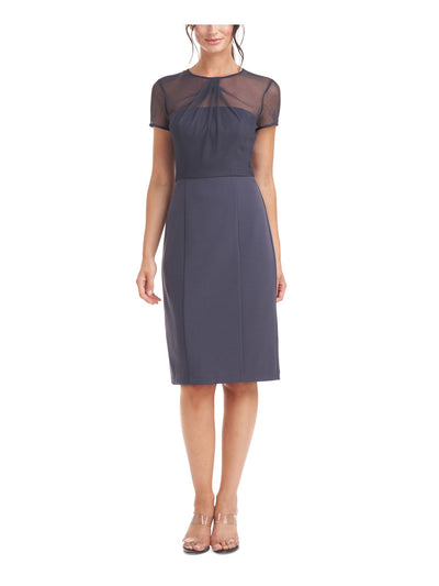 JS COLLECTION Womens Gray Stretch Pleated Zippered Lined Short Sleeve Illusion Neckline Knee Length Party Sheath Dress 6