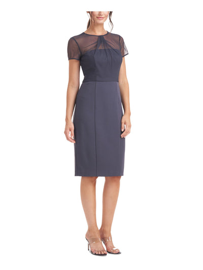 JS COLLECTION Womens Gray Stretch Pleated Zippered Lined Short Sleeve Illusion Neckline Knee Length Party Sheath Dress 6