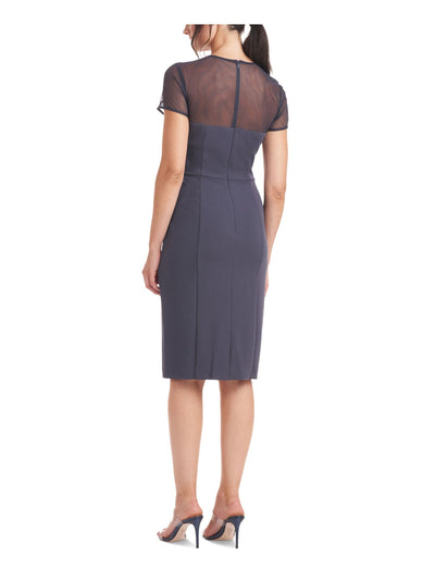 JS COLLECTION Womens Gray Stretch Pleated Zippered Lined Short Sleeve Illusion Neckline Knee Length Party Sheath Dress 6