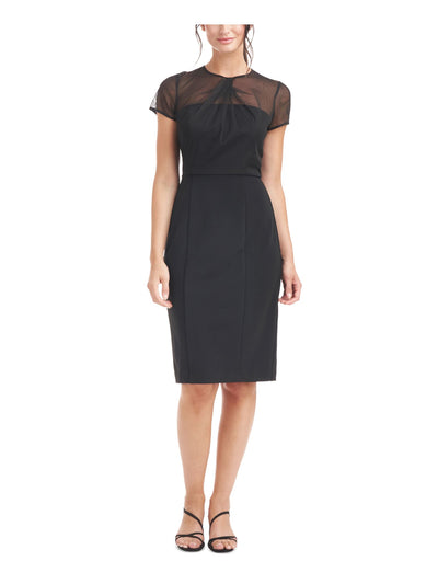 JS COLLECTION Womens Gray Stretch Pleated Zippered Lined Short Sleeve Illusion Neckline Knee Length Party Sheath Dress 2