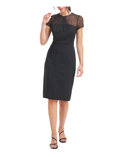 JS COLLECTION Womens Gray Stretch Pleated Zippered Lined Short Sleeve Illusion Neckline Knee Length Party Sheath Dress 2