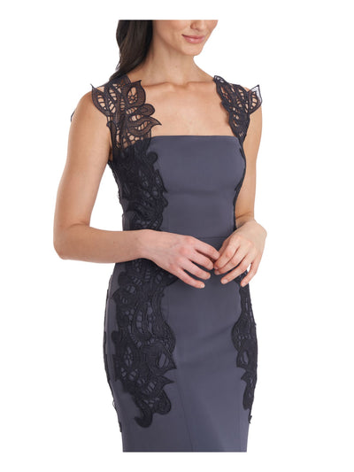 JS COLLECTION Womens Gray Zippered Lace Lined Satin Sleeveless Square Neck Full-Length Evening Mermaid Dress 4