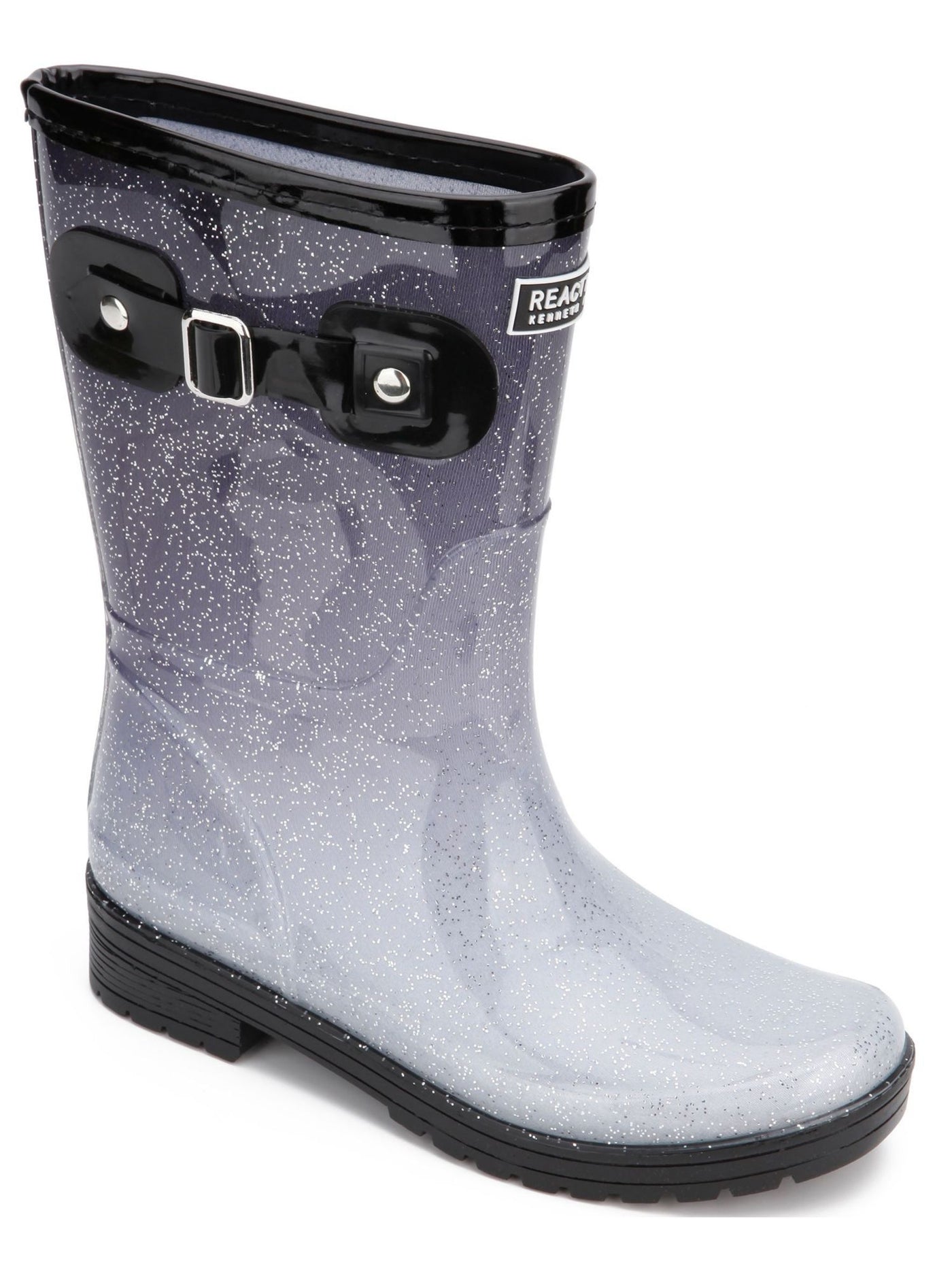 REACTION KENNETH COLE Womens Gray Gradient Glitter Buckle Accent Removable Insole Round Toe Block Heel Rain Boots 10 M