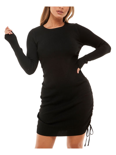 PLANET GOLD Womens Ribbed Tie Adjustable Side Ruching Long Sleeve Scoop Neck Above The Knee Body Con Dress