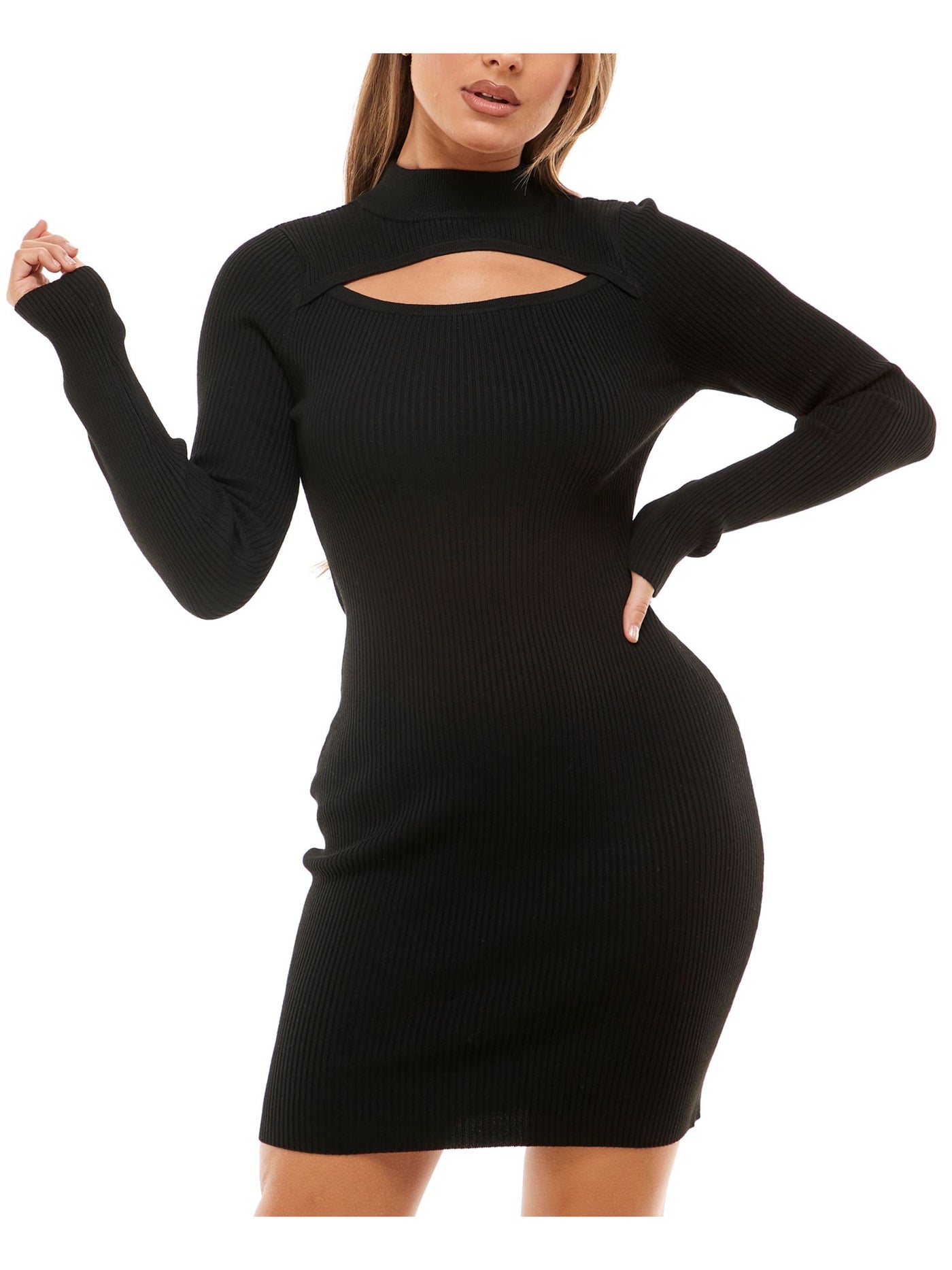 PLANET GOLD Womens Black Ribbed Cut Out Pullover Long Sleeve Mock Neck Short Party Body Con Dress L