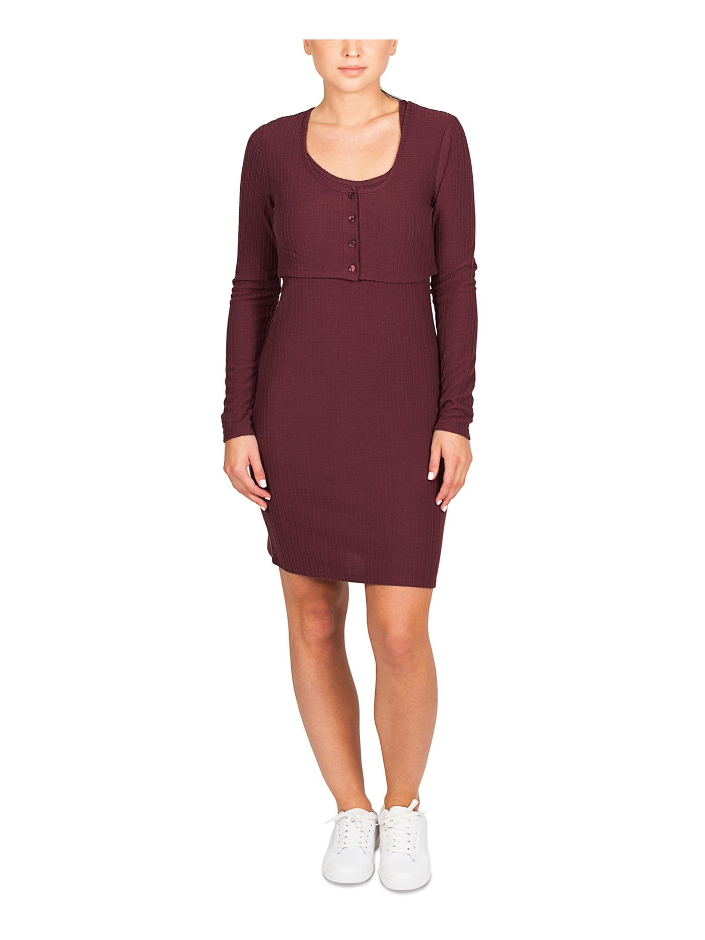HIPPIE ROSE Womens Maroon Stretch Ribbed Cropped Button Front Cardigan Sleeveless Scoop Neck Above The Knee Sheath Dress S