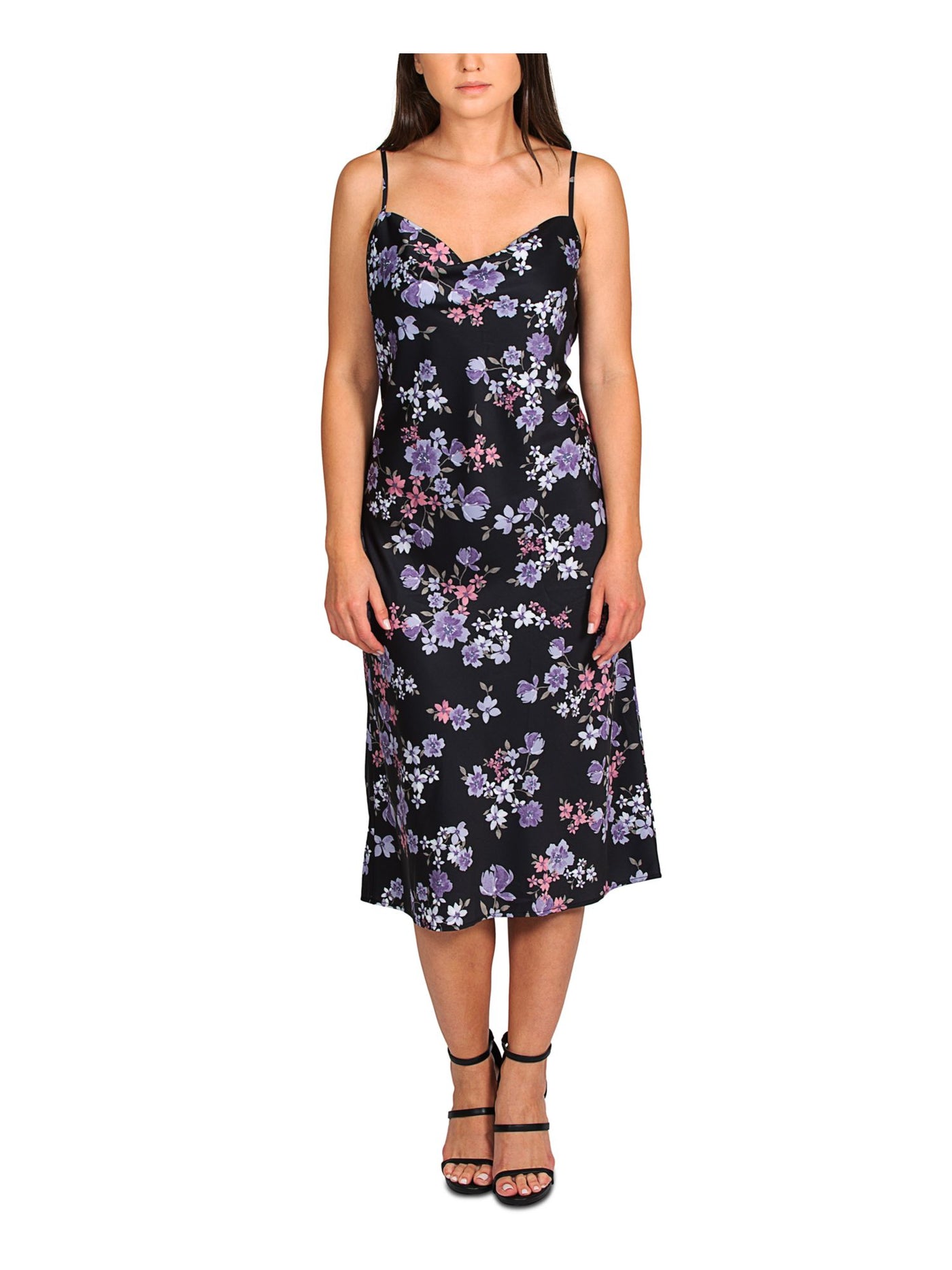 HIPPIE ROSE Womens Black Stretch Floral Spaghetti Strap Cowl Neck Below The Knee Sheath Dress M