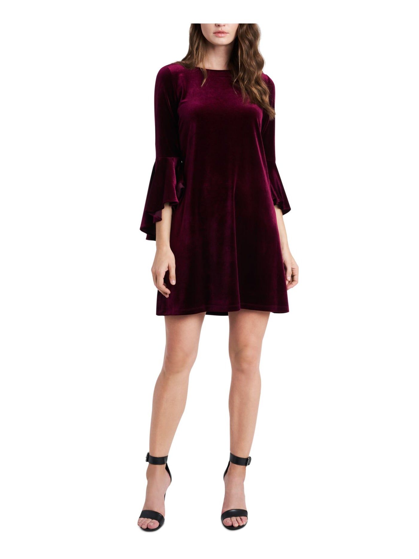JBS LIMITED Womens Burgundy Bell Sleeve Round Neck Short Party Shift Dress L
