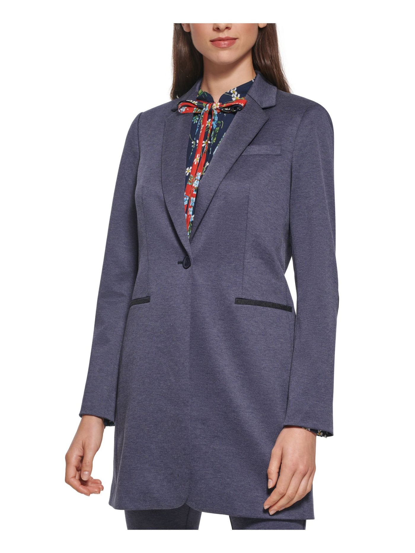 TOMMY HILFIGER Womens Navy Pocketed Long Length Vented Hem Heather Wear To Work Blazer Jacket 4