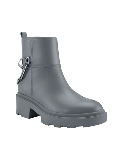 MARC FISHER Womens Gray Chain Hardware Pull Tab 1.5 Platform Padded Lug Sole Studded Waty Round Toe Block Heel Zip-Up Leather Booties 8.5 M