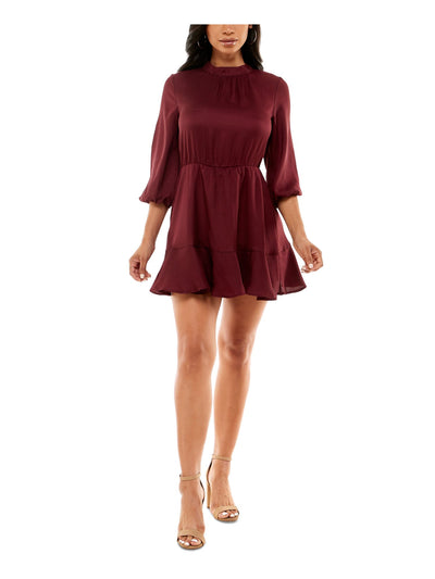 SPEECHLESS Womens Textured Pleated Ruffled Hem 3/4 Sleeve Tie Neck Mini Party Fit + Flare Dress