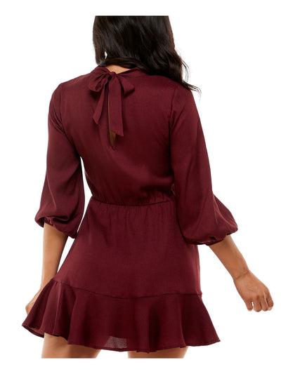 SPEECHLESS Womens Maroon Textured Pleated Ruffled Hem 3/4 Sleeve Tie Neck Mini Party Fit + Flare Dress L