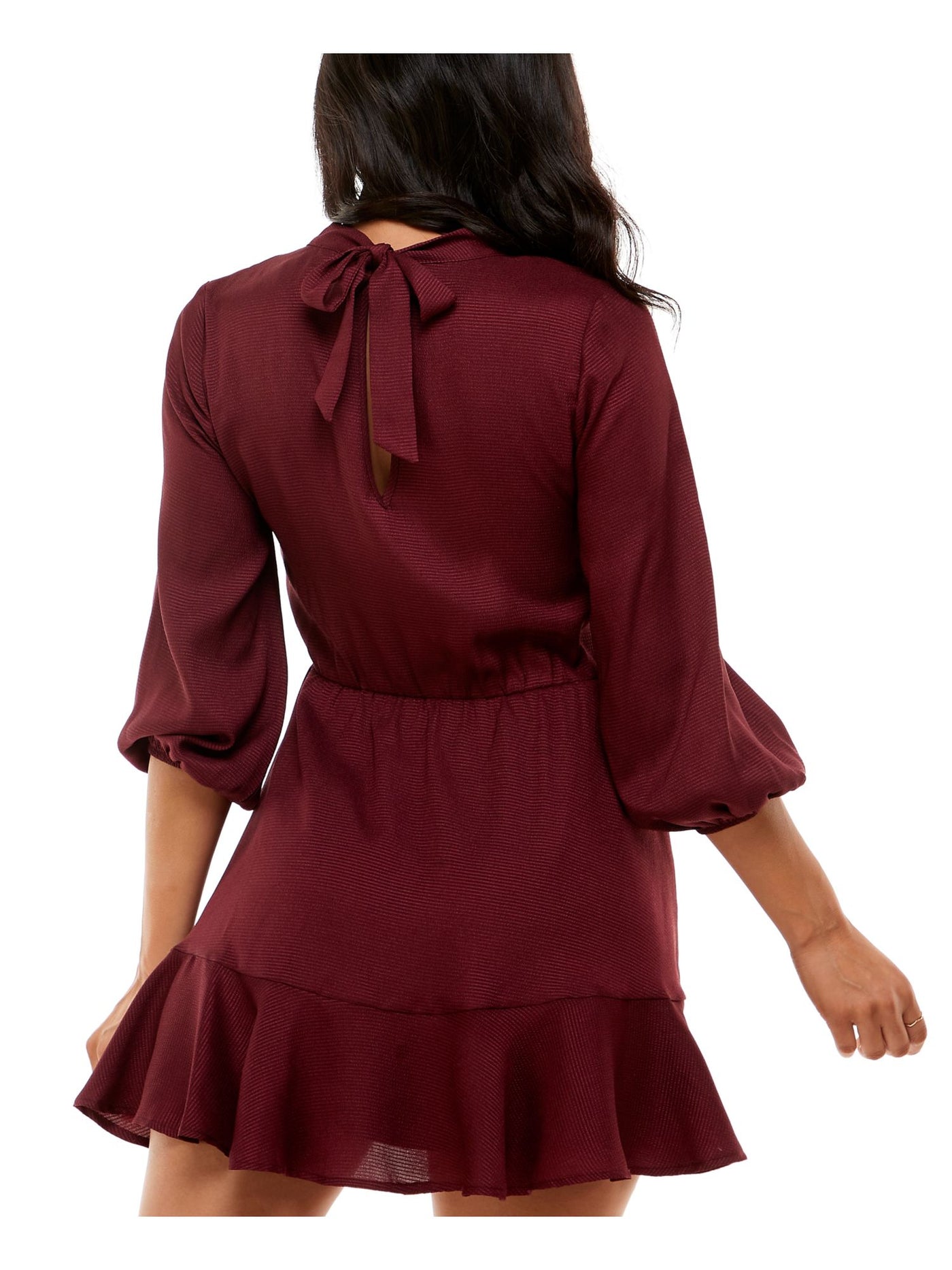 SPEECHLESS Womens Maroon Textured Pleated Ruffled Hem 3/4 Sleeve Tie Neck Mini Party Fit + Flare Dress S