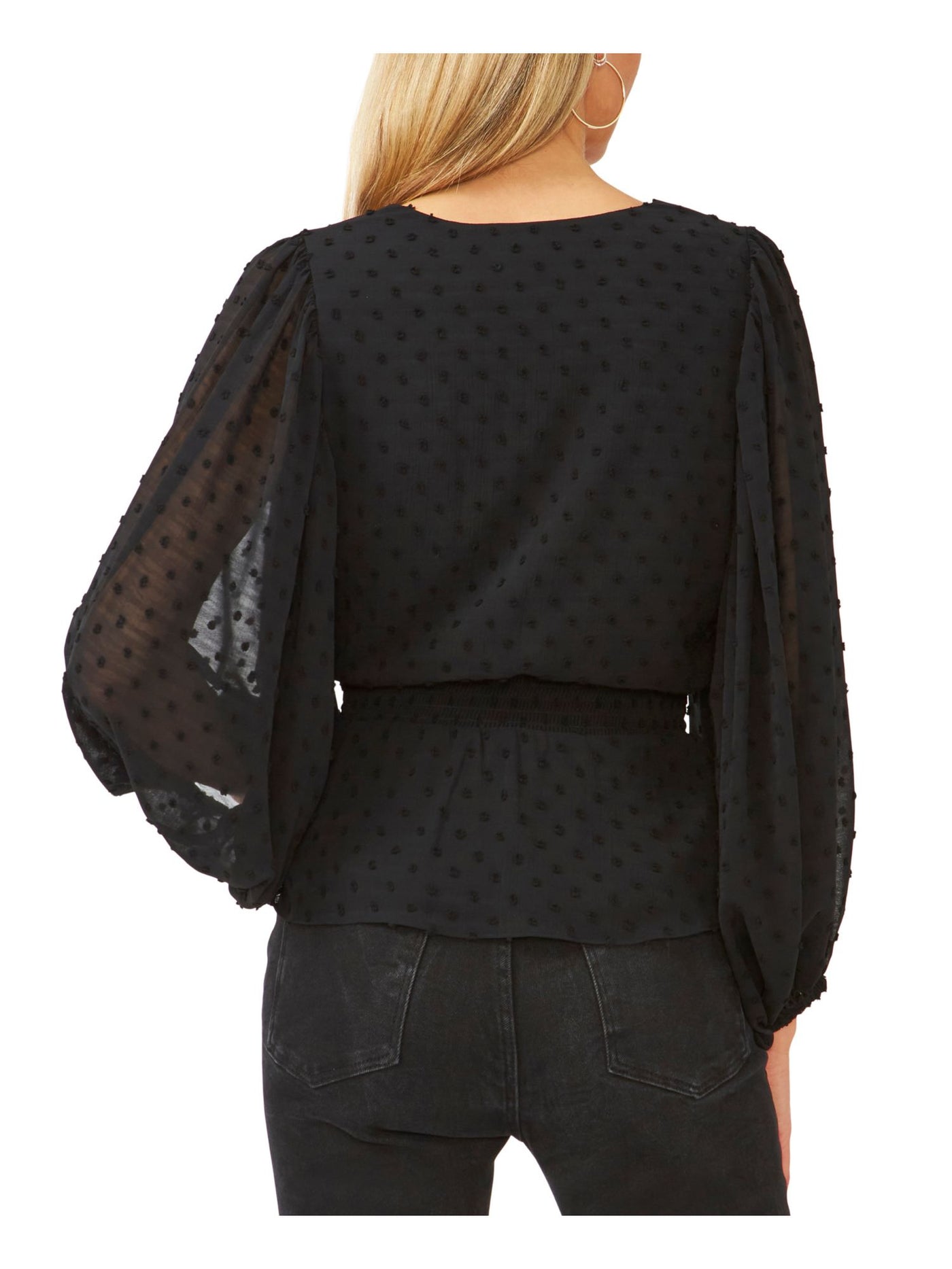 VINCE CAMUTO Womens Black Textured Smocked Sheer Lined Flounce Hem Blouson Sleeve V Neck Wear To Work Peplum Top XXS