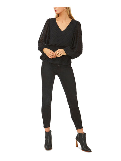 VINCE CAMUTO Womens Textured Smocked Sheer Lined Flounce Hem Blouson Sleeve V Neck Wear To Work Peplum Top