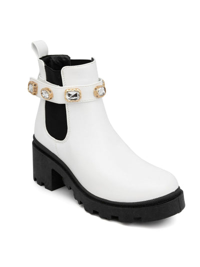 SUGAR Womens White Color Block 1" Platform Cushioned Back Pull Tab Adjustable Strap Goring Favorite Round Toe Block Heel Booties 8.5 M