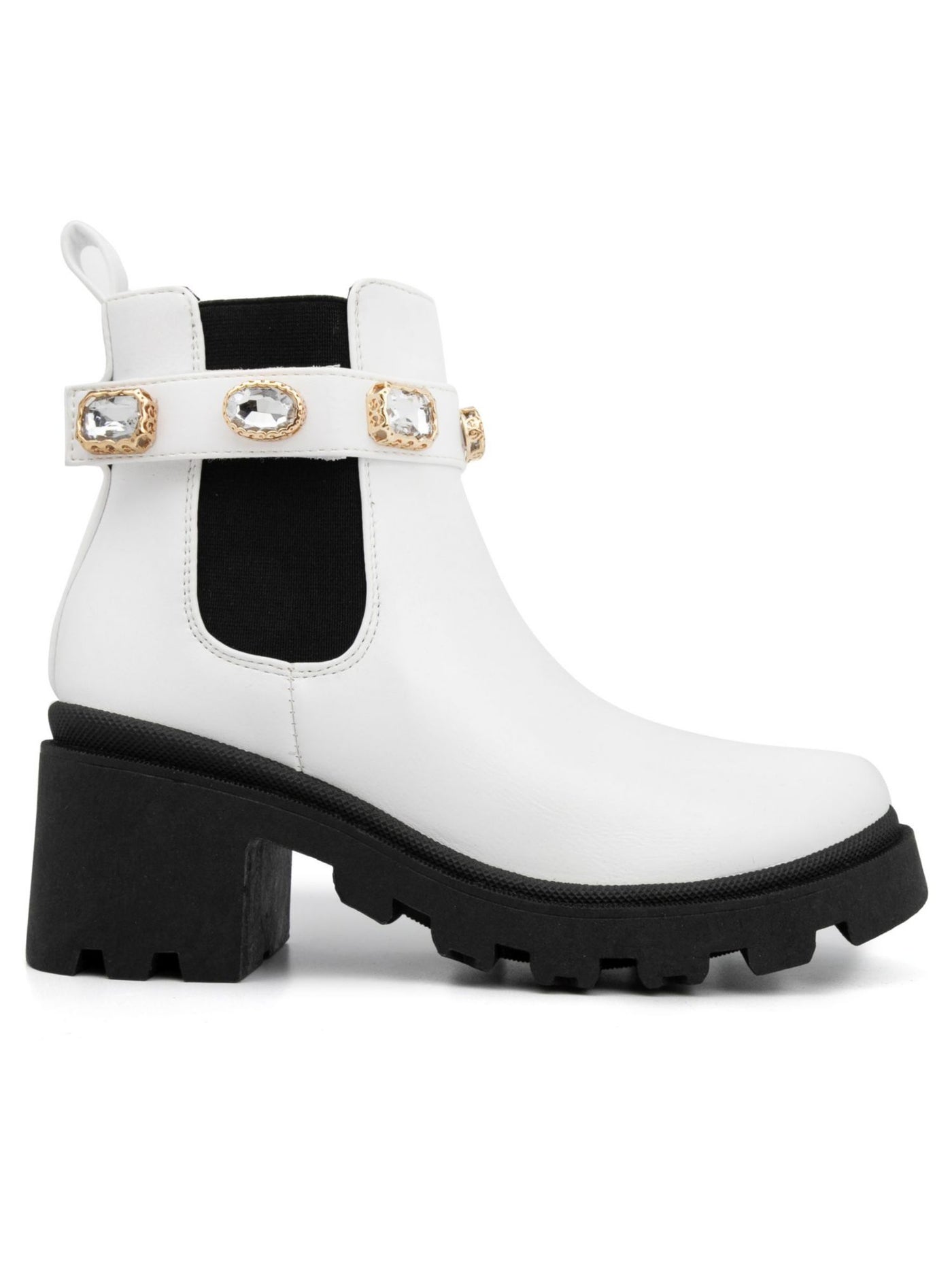 SUGAR Womens White Color Block 1" Platform Cushioned Back Pull Tab Adjustable Strap Goring Favorite Round Toe Block Heel Booties 7.5 M