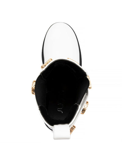 SUGAR Womens White Color Block 1" Platform Cushioned Back Pull Tab Adjustable Strap Goring Favorite Round Toe Block Heel Booties 8.5 M