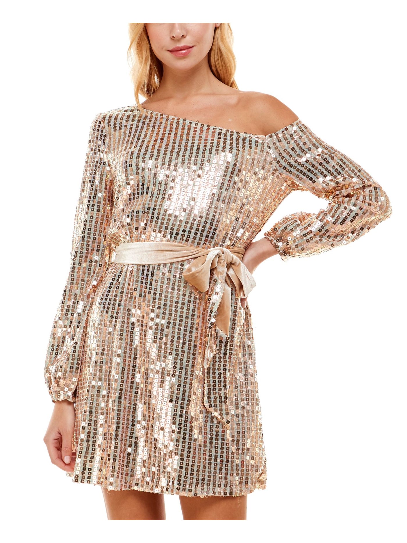 TRIXXI Womens Beige Sequined Tie Long Sleeve Asymmetrical Neckline Short Party Shift Dress 15