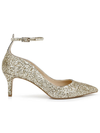 JEWEL BADGLEY MISCHKA Womens Gold Textured Embellished Padded Glitter Adjustable Ankle Strap Jamila Pointed Toe Kitten Heel Buckle Dress Pumps Shoes 7 M