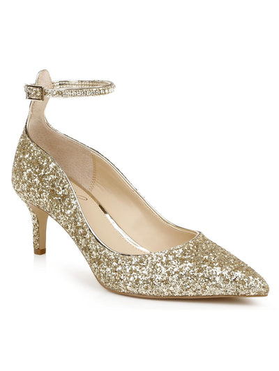 JEWEL BADGLEY MISCHKA Womens Gold Textured Embellished Padded Glitter Adjustable Ankle Strap Jamila Pointed Toe Kitten Heel Buckle Dress Pumps Shoes 7 M