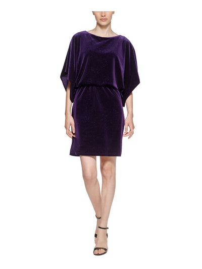 JESSICA HOWARD Womens Purple Glitter Ruched Dolman Sleeve Boat Neck Above The Knee Party Blouson Dress Petites 4P