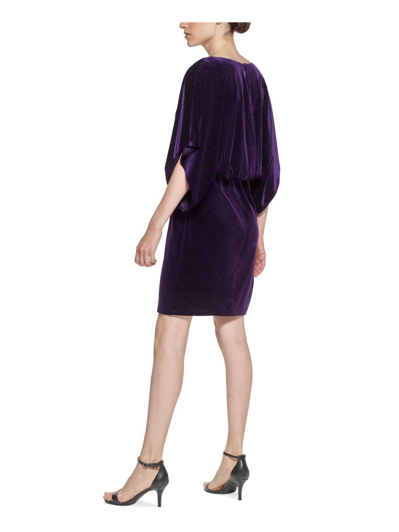 JESSICA HOWARD Womens Purple Glitter Ruched Dolman Sleeve Boat Neck Above The Knee Party Blouson Dress Petites 4P