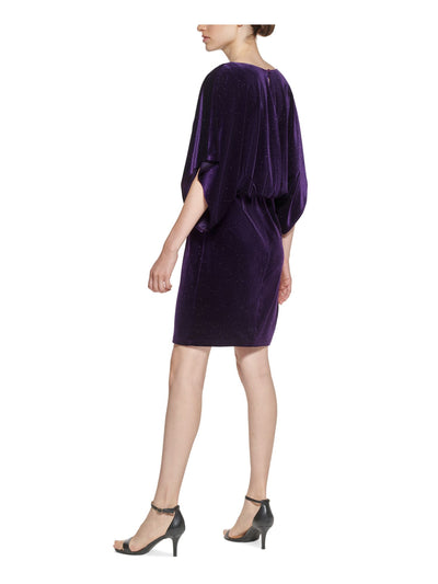 JESSICA HOWARD Womens Purple Glitter Ruched Dolman Sleeve Boat Neck Above The Knee Party Blouson Dress Petites 4P