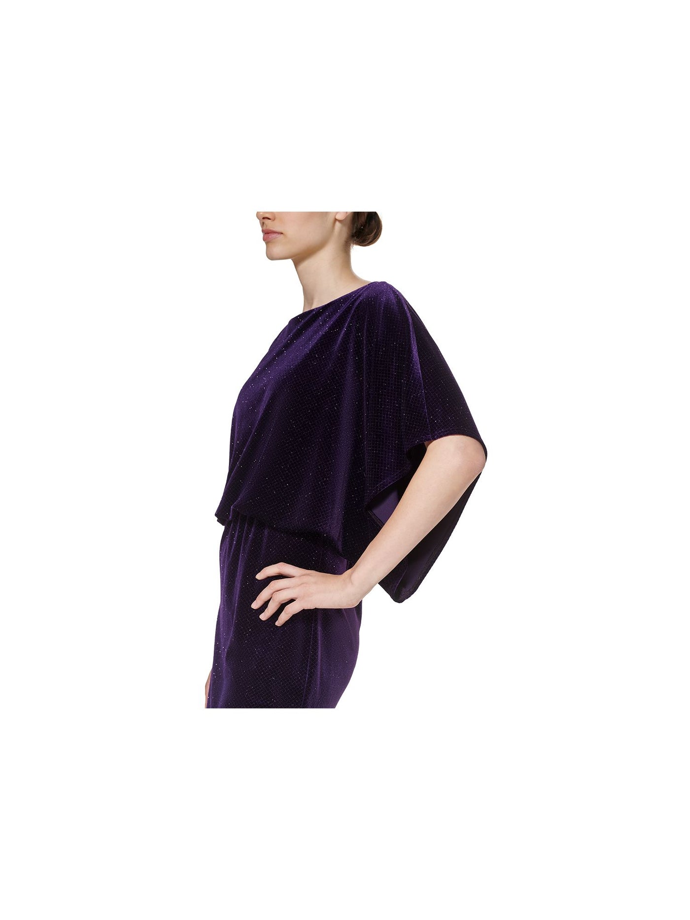 JESSICA HOWARD Womens Purple Glitter Ruched Dolman Sleeve Boat Neck Above The Knee Party Blouson Dress Petites 4P